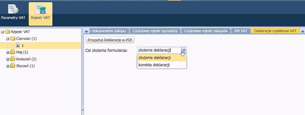 Prowadzenie rejestru VAT 5. Kliknąć przycisk Przygotuj Deklarację w PDF, wygeneruje się deklaracja. Przycisk otwiera dokument, przycisk umożliwia zapisanie dokumentu na dysk.