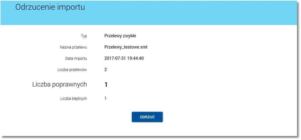 szczegółami importu jak również na formatce akceptacji importu umożliwia odrzucenie zaimportowanego pliku importu.