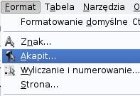 opcji pierwszy wiersz określamy odległość przesunięcia pierwszego wiersza (wcięcie akapitowe) W grupie Odstęp określamy odległości od poprzedniego akapitu (od góry) od następnego