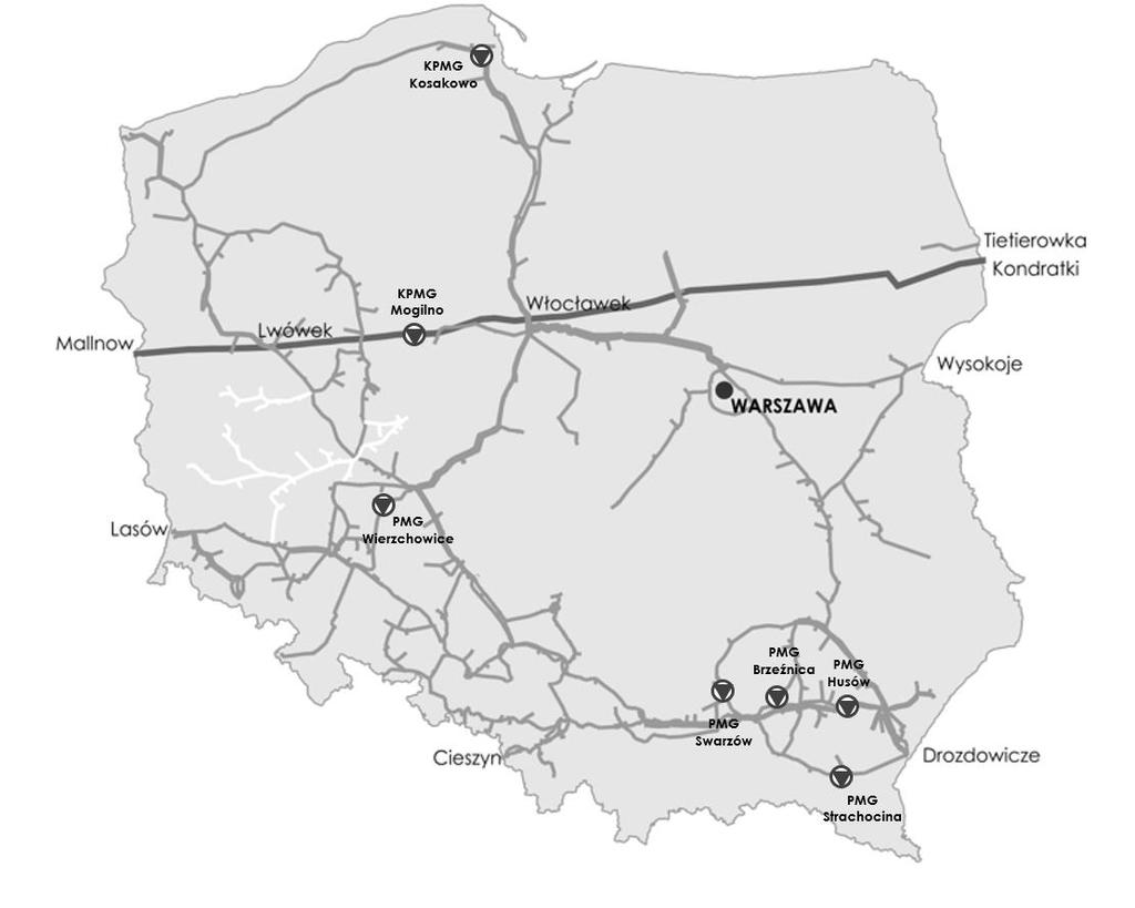 Rysunek 3. Lokalizacja podziemnych magazynów gazu Tabela 3. Maksymalne zdolności instalacji magazynowych w sezonie 2016/2017 Magazyn Pojemność Ma. moc zatłaczania Ma.