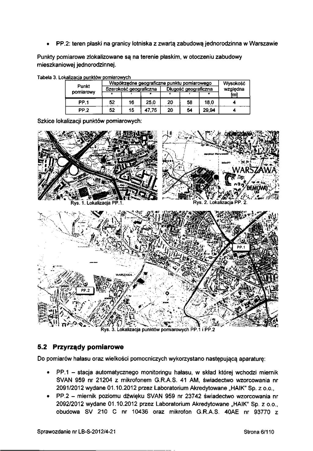 PP.2: teren płaski na granicy lotniska z zwartą zabudową jednorodzinna w Warszawie Punkty pomiarowe zlokalizowane są na terenie płaskim, w otoczeniu zabudowy mieszkaniowej jednorodzinnej. Tabela 3.