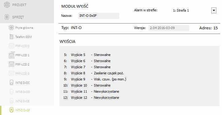 24 PERFECTA SATEL 4.5 Moduł wyjść Nazwa [2815.Nazwa ex0f] indywidualna nazwa modułu (do 16 znaków). Alarm w strefie [2215.Str.exp.