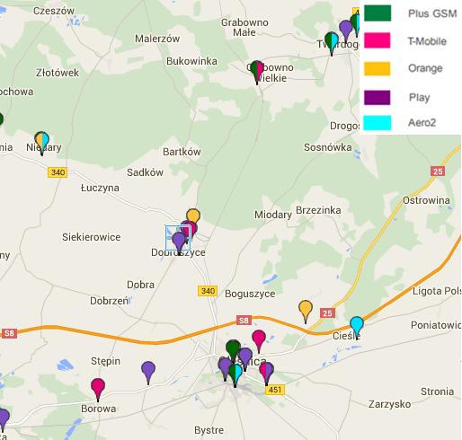 Rysunek 4. Lokalizacja stacji bazowych telefonii komórkowej wokół Dobroszyc. Źródło: www.btsearch.