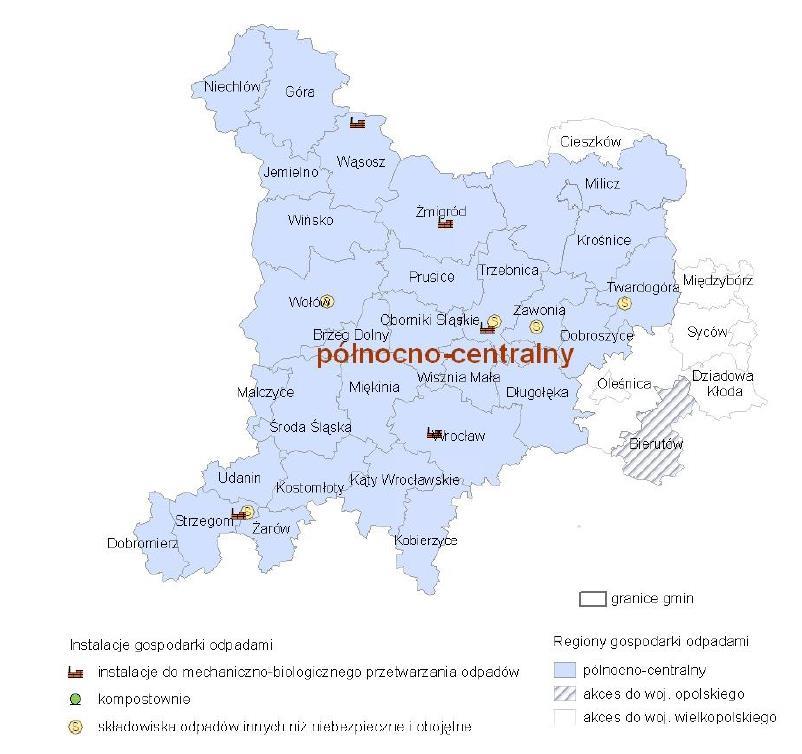 Gmina Dobroszyce znajduje się w północno-centralnym Regionie Gospodarki Odpadami. Poniżej przedstawiono położenie gminy Dobroszyce w granicach regionu. Rysunek 7.