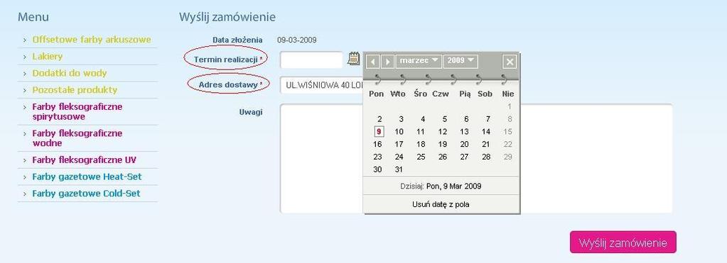 W widoku zamówienia wymagane są dwa pola Termin