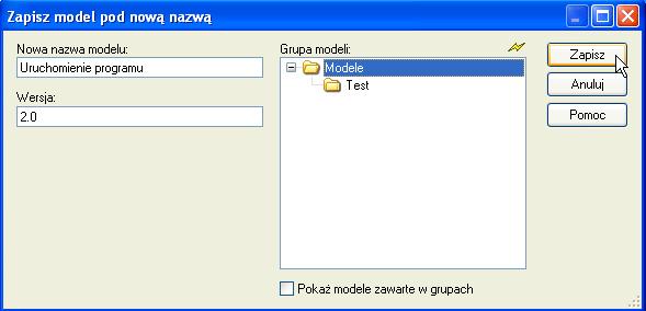 Aby stworzyć nową wersję modelu należy skorzystać z opcji Model > Zapisz jako.