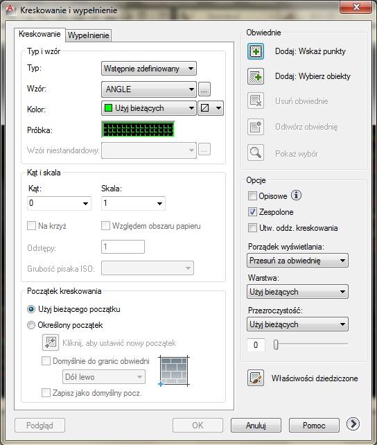 nowe okno dialogowe Kreskowanie i wypełnienie