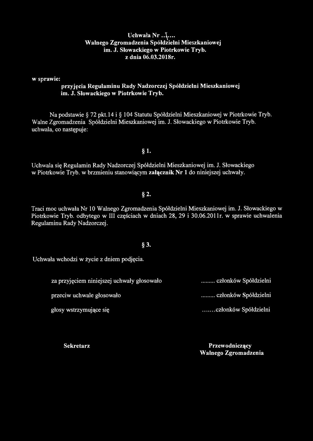 Uchwała Nr..1^... Walnego Zgromadzenia Spółdzielni Mieszkaniowej im. J. Słowackiego w Piotrkowie Tryb. z dnia 06.03.2018r. w sprawie: przyjęcia Regulaminu Rady Nadzorczej Spółdzielni Mieszkaniowej im.