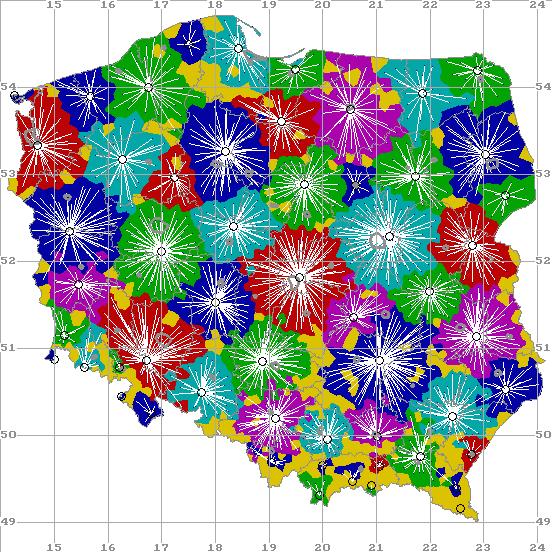 Zamieszczona niŝej mapka pokazuje moŝliwości pokrycia Polski przez sieć 55 stacji telewizji cyfrowej (sieć MFN).