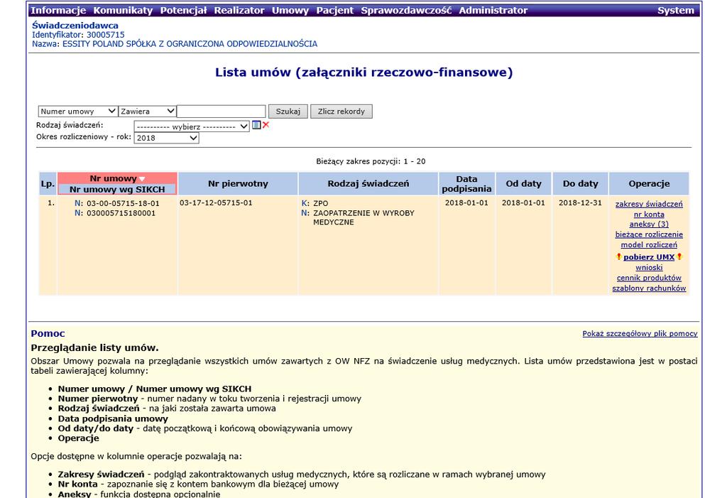 SZOI Aktualizacja umowy z NFZ o nowy zestaw KROK 2 W kolejnym widoku Lista umów