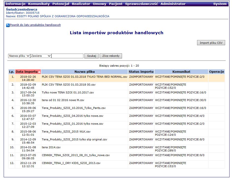 SZOI - Dodawanie produktów handlowych KROK 5 Po zaimportowaniu pliku CSV mamy widok Lista