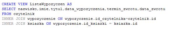 Widok wirtualny (perspektywa) zmaterializowany CREATE VIEW <nazwa> AS SELECT CREATE