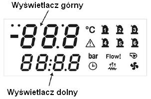 14.2 Wybór układu 1 lub 2 Aby przełączyć informacje na inny układ należy użyć przycisków UP i DOWN aby wybrać dany układ należy wcisnąć SET. Przykład rys.1. Dioda obiegu 1: jest włączona: górny wyświetlacz pokazuje wartość temperatury na wylocie z parownika (7,8 0 C) układu 1.