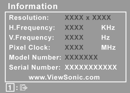 Element Objaśnienie Information (Informacje) wyświetla dane o trybie synchronizacji (wejściowego sygnału wideo) karty graficznej komputera, numer modelu wyświetlacza LCD, numer seryjny i adres