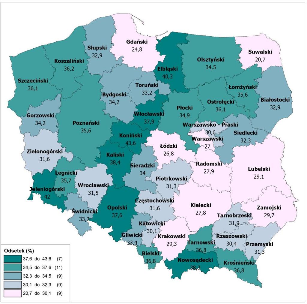 i w okresie 2012-2016 ponownie powróciły do przestępstwa (wg okręgów sądów okręgowych)