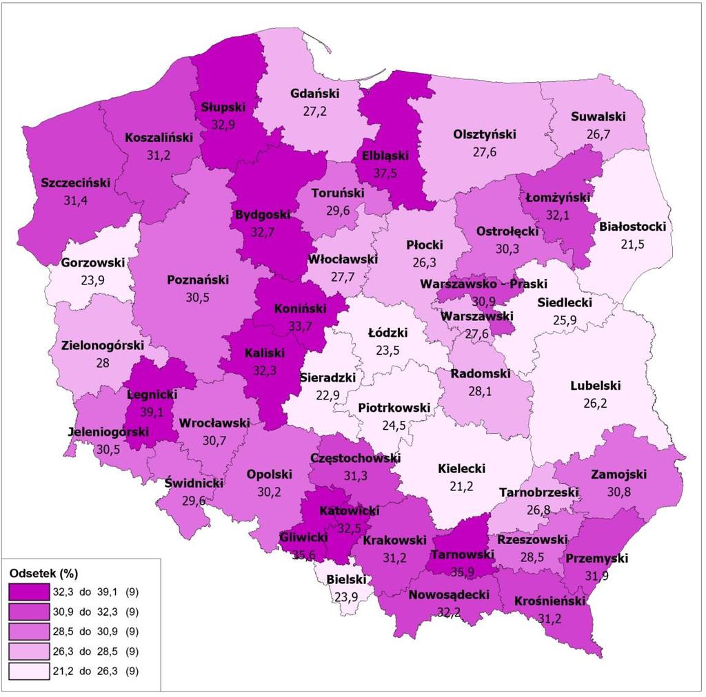 i w okresie 2012-2016 ponownie powróciły do przestępstwa (wg okręgów sądów okręgowych)