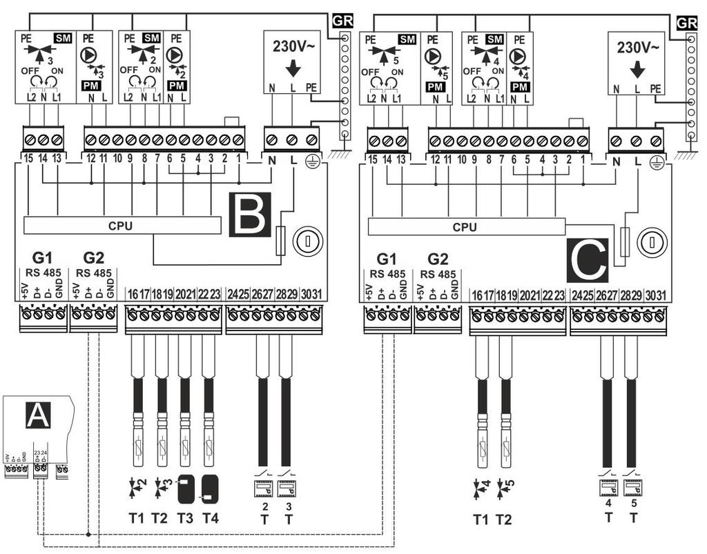 Schemat elektryczny - moduły B i C: T1 czujnik temperatury mieszacza 2,4 typu CT4, T2 czujnik temperatury mieszacza 3,5 typu CT4, T3 czujnik temperatury górny bufora CT4, T4 czujnik temperatury dolny