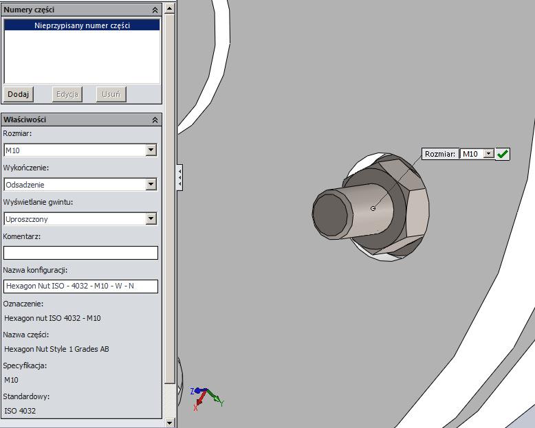 Wstawianie nakrętki Wybieramy Biblioteka projektu -> Toolbox -> ISO -> Nakrętki -> Nakrętki sześciokątne -> Nakrętka sześciokątna rodzaj 1 ISO 4032 i opuszczamy ją na krawędź między podkładką i śrubą