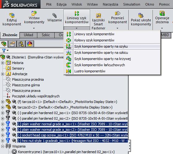 Zaznaczmy w drzewie Złożenia: wkręt, podkładki i nakrętkę, rys. 19. Rysunek 19 2.