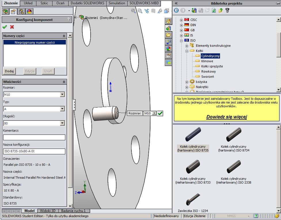 Rysunek 7 Gdy zwolnimy klawisz myszy pojawi się okno Konfiguruj komponent, rys. 7. SW rozpoznał średnicę otworu i zaproponował poprawną średnice kołka M10 i jej nie będziemy zmieniać.