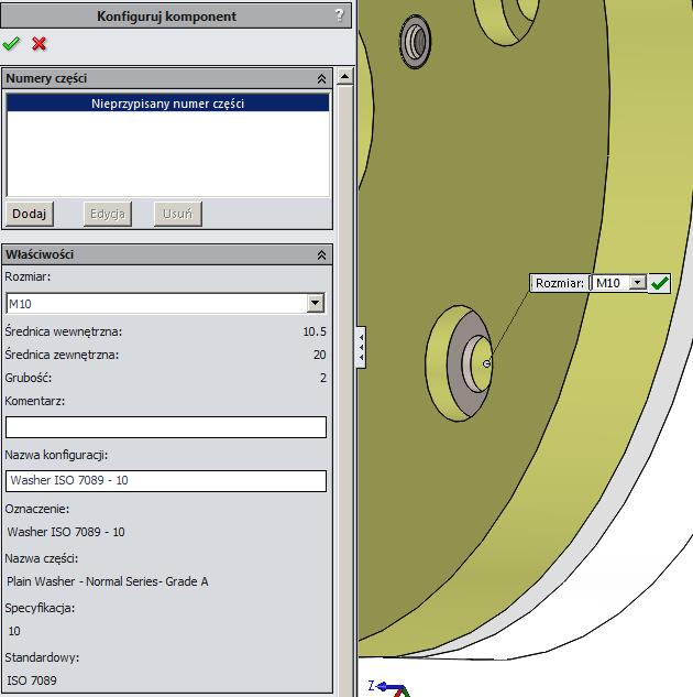 Wstawianie podkładek z obu stron Z Biblioteki projektu wybieramy: Toolbox ->Iso ->Podkładki -> Podkładki zwykłe -> Podkładka ISO 7089 zwykła klasa A.