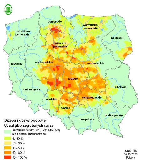 Maksymalny zasięg suszy rolniczej w Polsce w latach 2009-2018