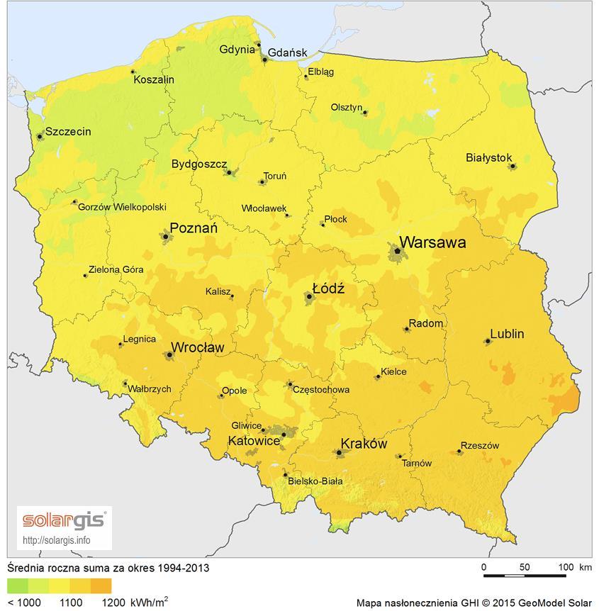 Rysunek 4. Mapa średniorocznych sum nasłonecznienia na terenie Polski Źródło: http://solargis.info 3.