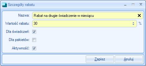 Rysunek 46. Rabaty. Moduł Cenniki i pakiety Aby dodać rabat, należy wybrać przycisk Dodaj po czym otwarte zostanie okno Szczegóły rabatu.