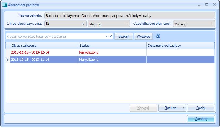 Rysunek 50. Abonam enty pacjentów - Rozliczanie. Moduł Cenniki i pakiety W oknie widoczne są abonamenty rozliczone oraz do rozliczenia w ciągu określonej ilości dni.