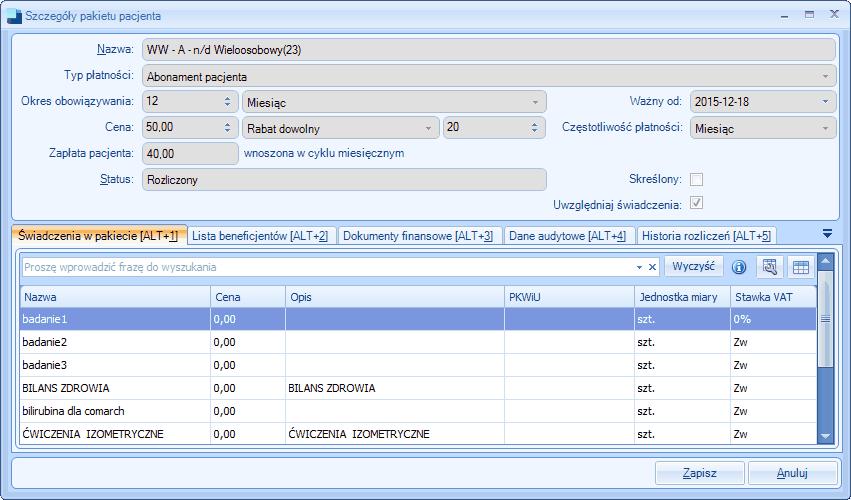 1.11.2.2 Podgląd i Edycja abonamentu pacjenta Z głównego okna formatki abonamentów pacjentów istnieje możliwość edycji lub podglądu szczegółów pakietu pacjenta.
