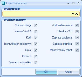 Promocja lista świadczeń, Promocja lista świadczeń w pakiecie. Eksport/import listy świadczeń możliwy jest wyłącznie w ramach jednego ZOZu i w oparciu o istniejące w systemie szablony świadczeń.