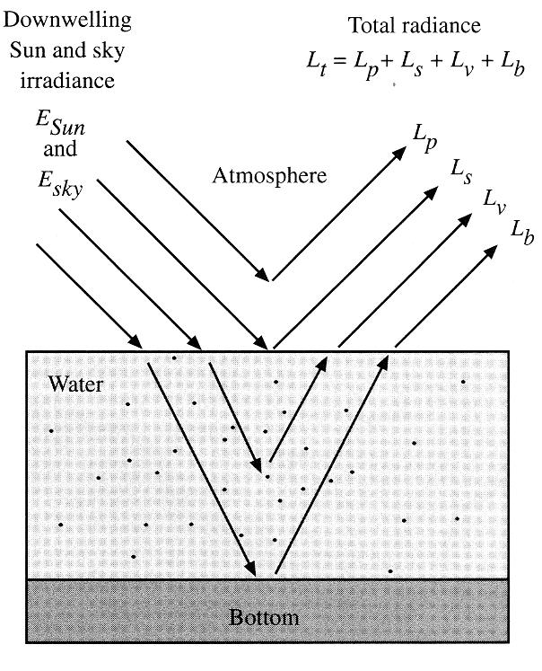 Promieniowanie słoneczne i nieba docierające do powierzchni E s i E n Woda Atmosfera L t = L p +L s +L v +L b L p promieniowanie przechodzące przez atmosferę, L s