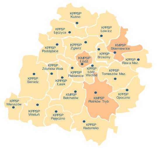 Prosopon, ISSN 1730-0266, 21 (4) 2017, s. 77-99 Rys. 3. Rozmieszczenie Komend Powiatowych i Miejskich na terenie Województwa Łódzkiego. Źródło: http://www.straz.lodz.pl/serwis/index.php?