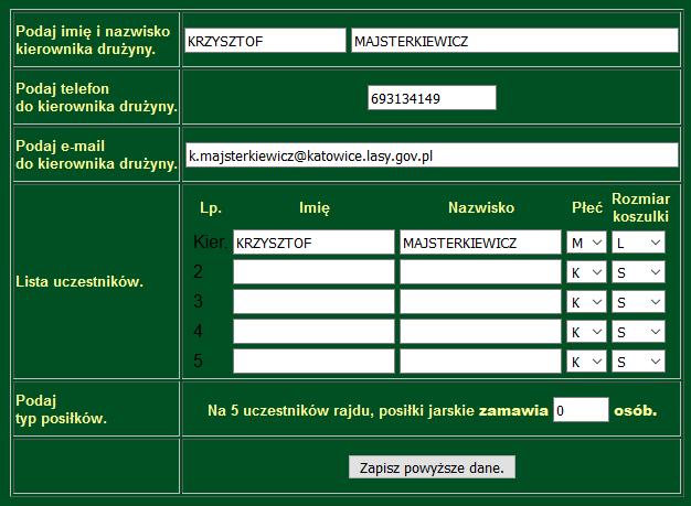 Po kliknięciu przycisku Informacje zostanie wyświetlony formularz, w którym uzupełnić trzeba informacje kontaktowe do kierownika drużyny, oraz imienną listę uczestników, w której podajemy imię,