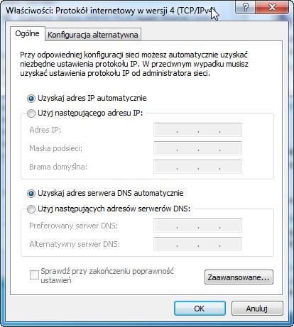 Jakie informacje znajdują się w polach Adres IP, Maska podsieci i Brama domyślna w obszarze "Użyj następującego adresu IP:"?