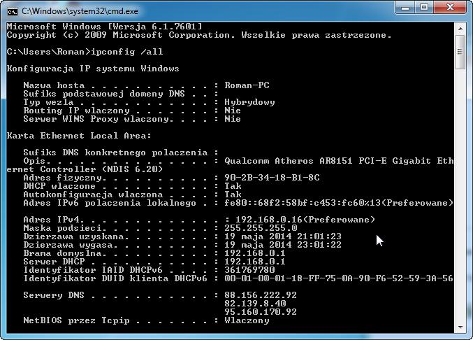 Wpisz ipconfig /all, a następnie naciśnij klawisz Enter. Jaki jest adres IP komputera? Jaka jest maska podsieci komputera? Jaka jest domyślna brama dla komputera?