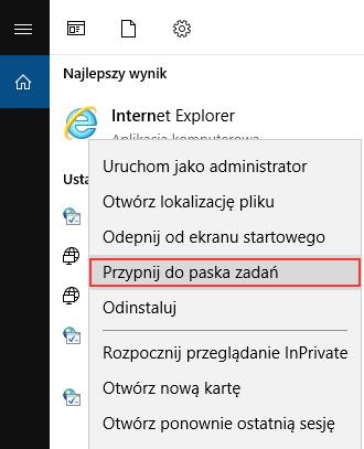 2. Kliknij wyszukaną pozycję prawym przyciskiem myszy i wybierz polecenie Przypnij do paska zadań. 3. Ikona pojawi się na pasku zadań.