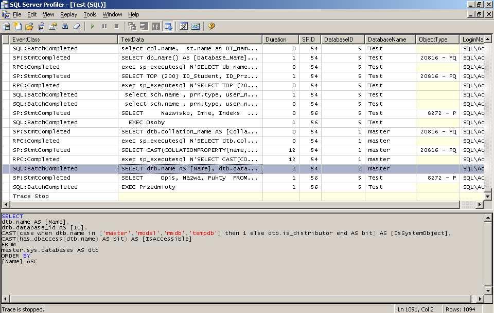 Rys. 8 Uruchomienie śladu Po zakończeniu zbierania śladu kolejnym etapem jest użycie narzędzia Database Engine Tuning Advisor (DTA).