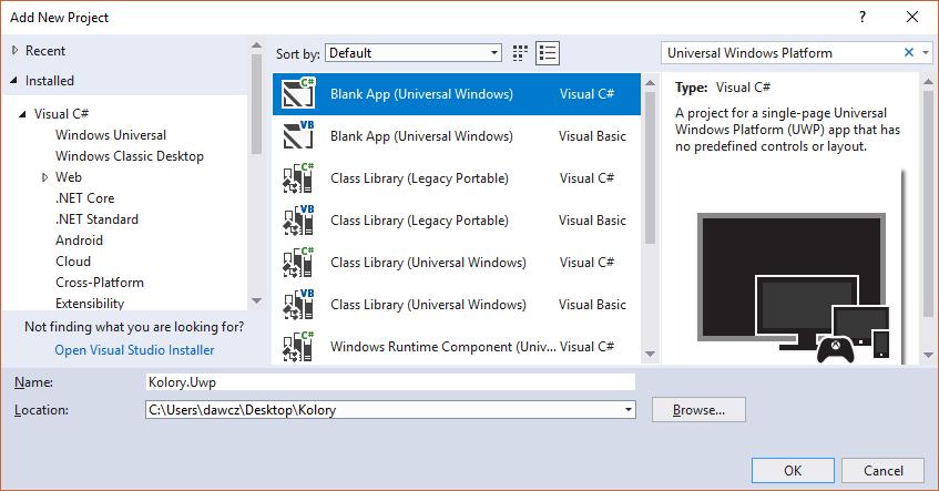 Przygotowanie widoku dla platformy UWP zaczynamy standardowo od dodania nowego projektu do istniejącej solucji Kolory. Tym razem będzie to projekt typu Universal Windows Platform (rysunek 13).