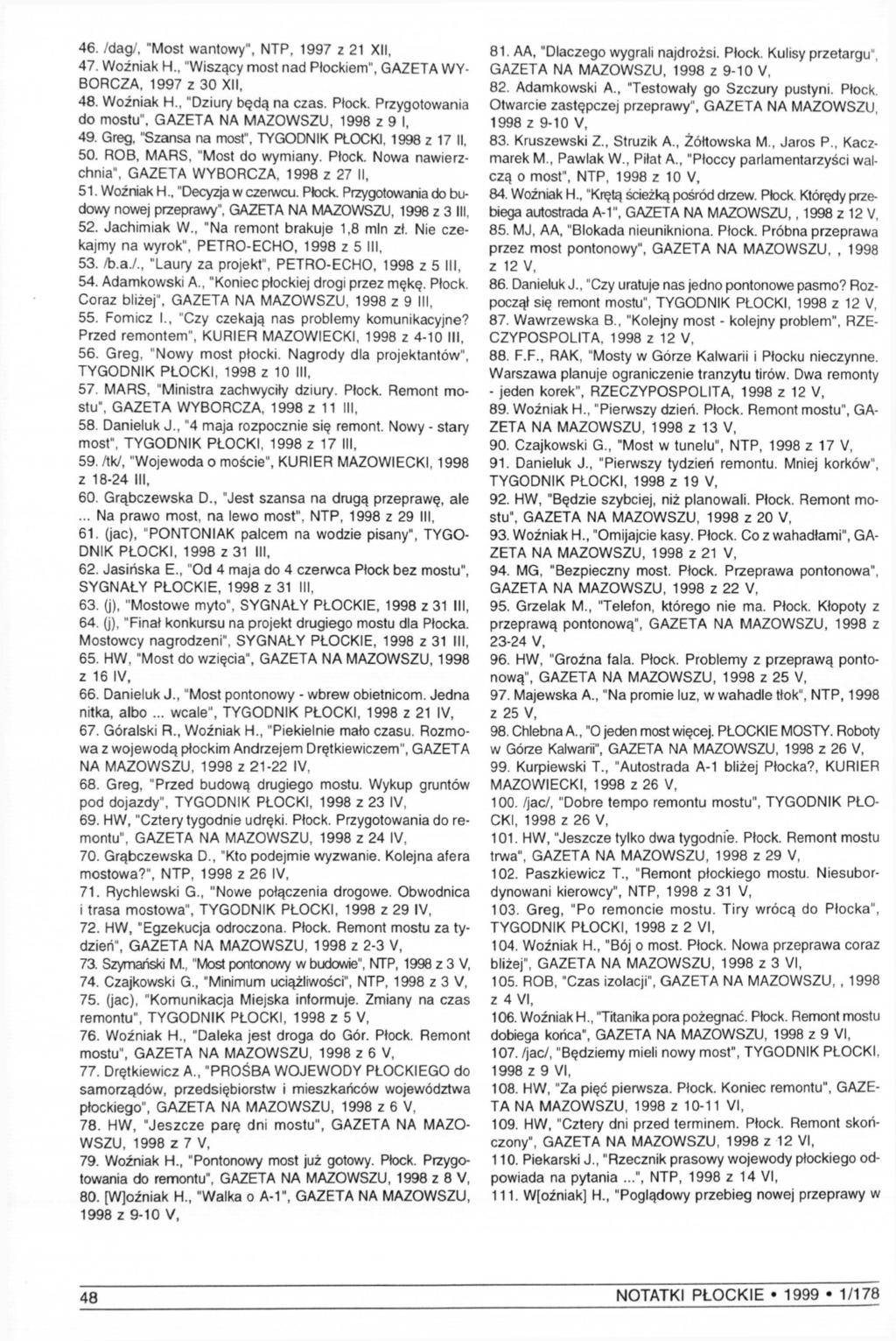 46. /dag/, "Most wantowy", NTP, 1997 z 21 XII, 47. Wożniak H., "Wiszący most nad Płockiem", GAZETA WYBORCZA, 1997 z 30 XII, 48. Woźniak H., "Dziury będą na czas. Płock. Przygotowania do mostu", GAZETA NA MAZOWSZU, 1998 z 9 I, 49.