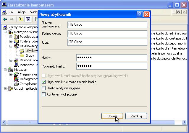 Wprowadź następujące informacje dotyczące konta: Nazwa użytkownika: ITE Cisco Pełna nazwa: ITE