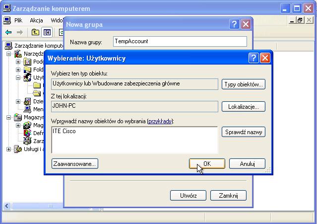 Wprowadź następujące informacje: Nazwa grupy: Temp Account Opis: Temporary Users Kliknij Dodaj. Pojawi się okno "Wybierz użytkowników".