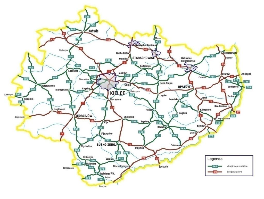 Rysunek 6. Przebieg dróg krajowych i wojewódzkich w województwie świętokrzyskim 84 Układ dróg krajowych uzupełniany jest przez sieć dróg wojewódzkich i gminnych.