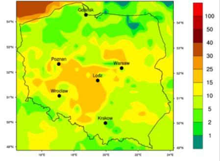 Rysunek 27 Liczba dni z przekroczeniami wartości docelowej 120 μg/m 3 dla scenariusza redukcji emisji dla roku 2020 - prognoza rozszerzona (b) Źródło: Ocena i prognoza zagrożeń dla zdrowia ludzi i