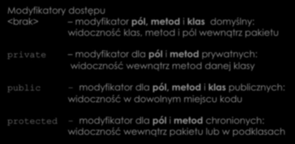 Klasy i obiekty Modyfikatory dostępu <brak> modyfikator pól, metod i klas domyślny: widoczność klas, metod i pól wewnątrz pakietu Dostępność elementów klasy private public protected modyfikator dla