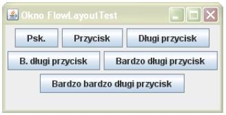 Zarządcy układu BorderLayout używany domyślnie przez główne komponenty (JApplet, JDialog i JFrame) zmiana metodą setlayout(layoutmanager) rejony: prawo, lewo, góra, dół, środek (domyślnie) dodanie