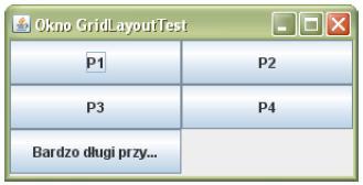 Zarządcy układu c.d. GridLayout komponenty umieszczane są w komórkach siatki wszystkie komponenty mają taki sam rozmiar I wiele innych.
