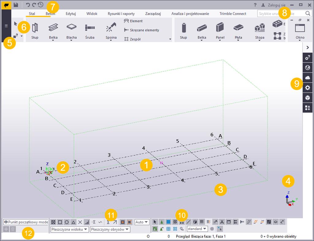 5 Zapoznanie się z interfejsem użytkownika Po otwarciu modelu Tekla Structures zostaje wyświetlone nowe okno.