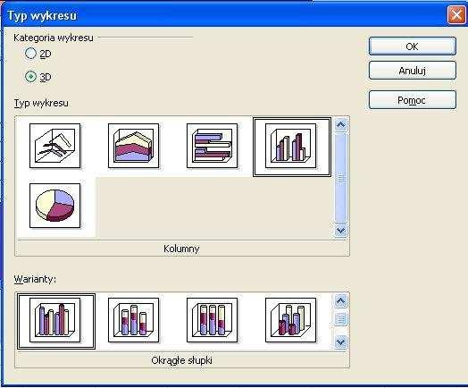 Zmiana typu wykresu Wykres możemy też przerobić na trójwymiarowy, lub inny.