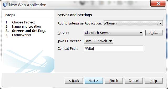 Wybór serwera aplikacji (Server), wersji